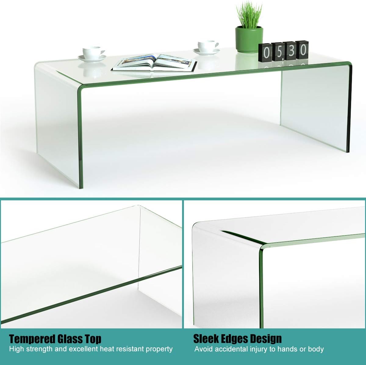 Tangkula Glass Coffee Table, 42.5" L × 20" W ×14" H, Acrylic Coffee Table, Clear Tempered Glass Coffee Table, International Occasion Tea Table, Waterfall Table with Rounded Edges (Clear Glass) : Home & Kitchen