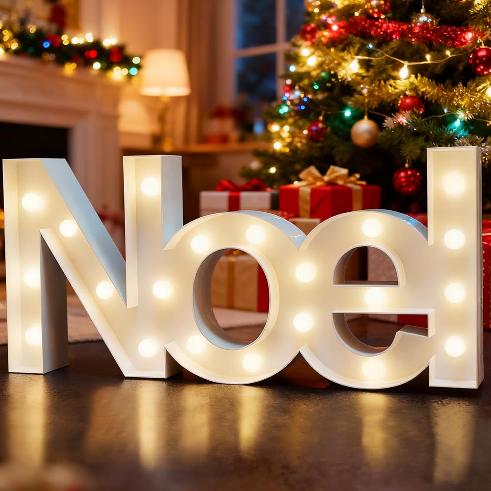 Bright Zeal 18" Large NOEL Sign Marquee Letters With Lights (White, 6hr Timer) - Christmas Wall Decor NOEL Letter Christmas Tabletop Decorations For Home - Light Up Tabletop Decorations