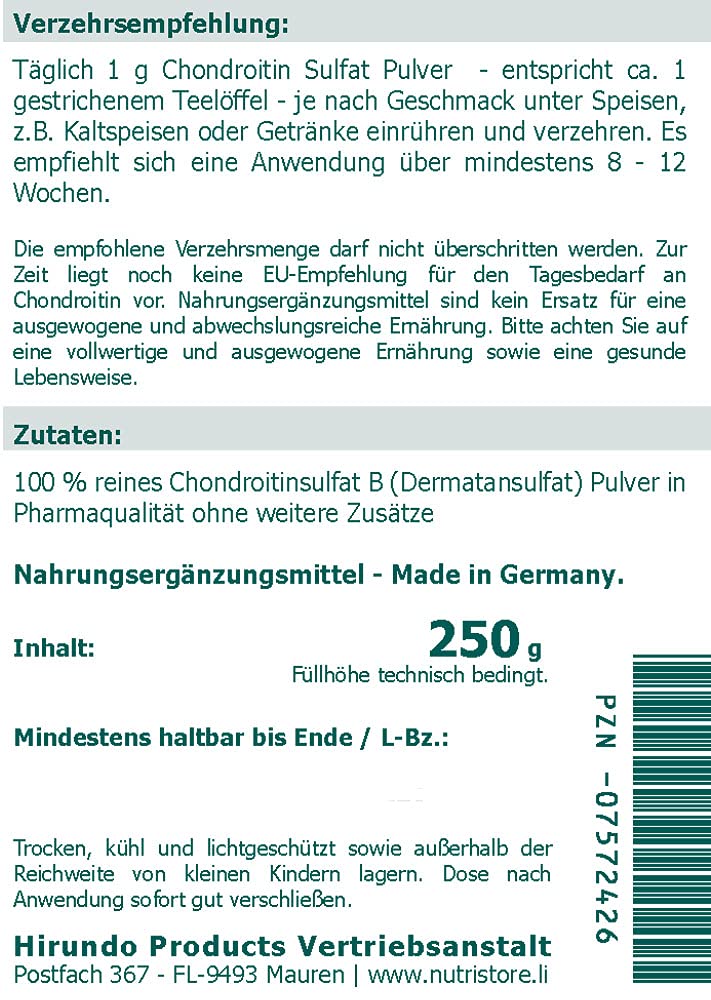 Chondroitin Sulfat 100% rein Pulver 250 g - für gesunde Knorpel und Gelenke