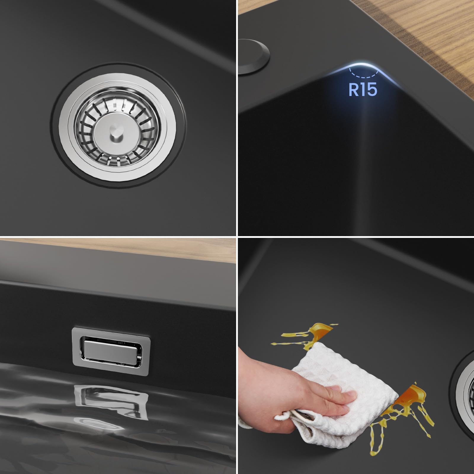 CECIPA Évier Granit Noir 70x45Cm Grand Bac, Robinet Avec Douche Extractible, Encastrable Pour Meuble 80Cm, Ensemble Vidange Inclus