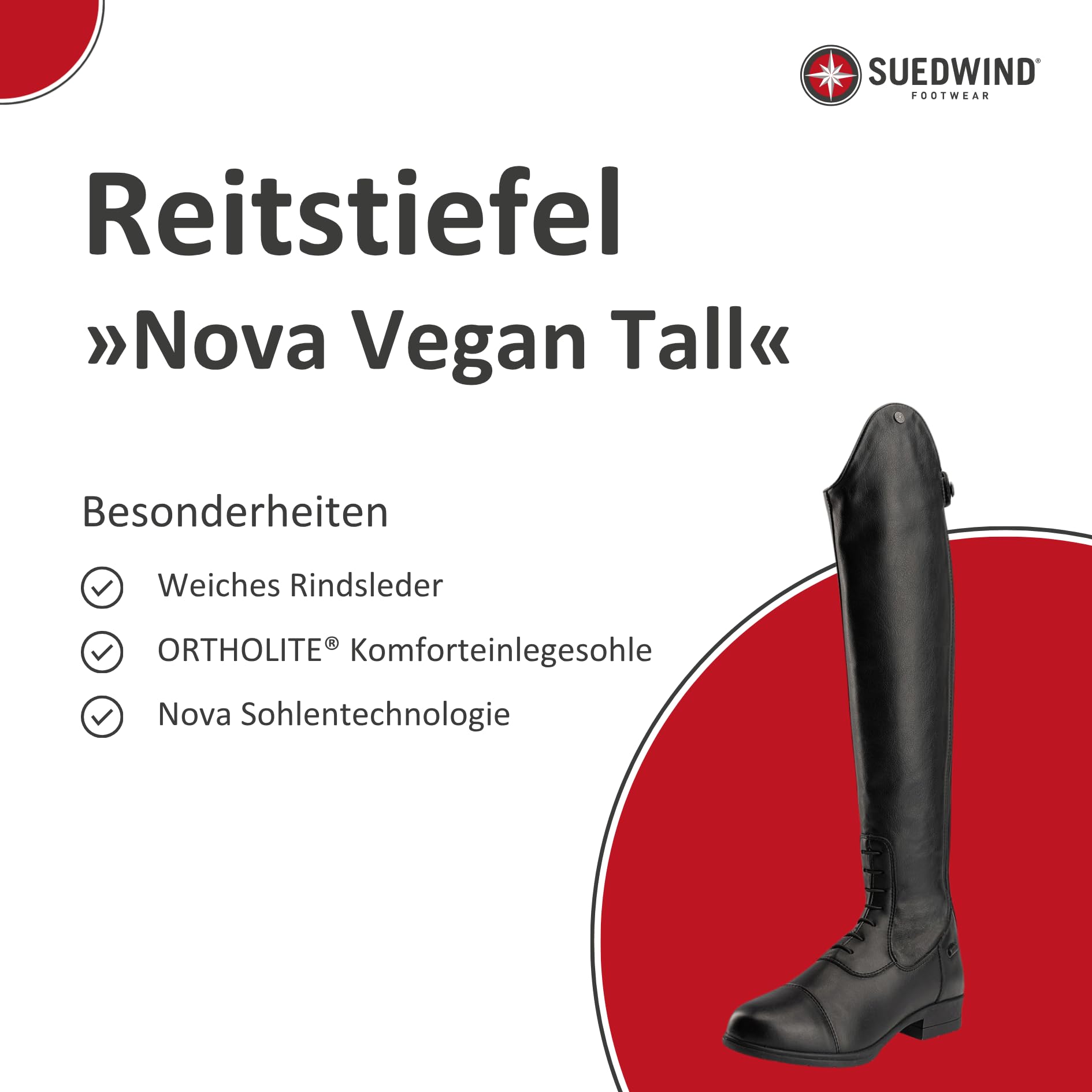 SUEDWIND FOOTWEAR Reitstiefel Nova Vegan Tall - Stiefel aus Lederimitat - Komforteinlegsohle, Nova Gummisohle, Reißverschluss, Mesh-Innenfutter - atmungsaktiv & komfortabel - Schwarz - Gr. 36-41