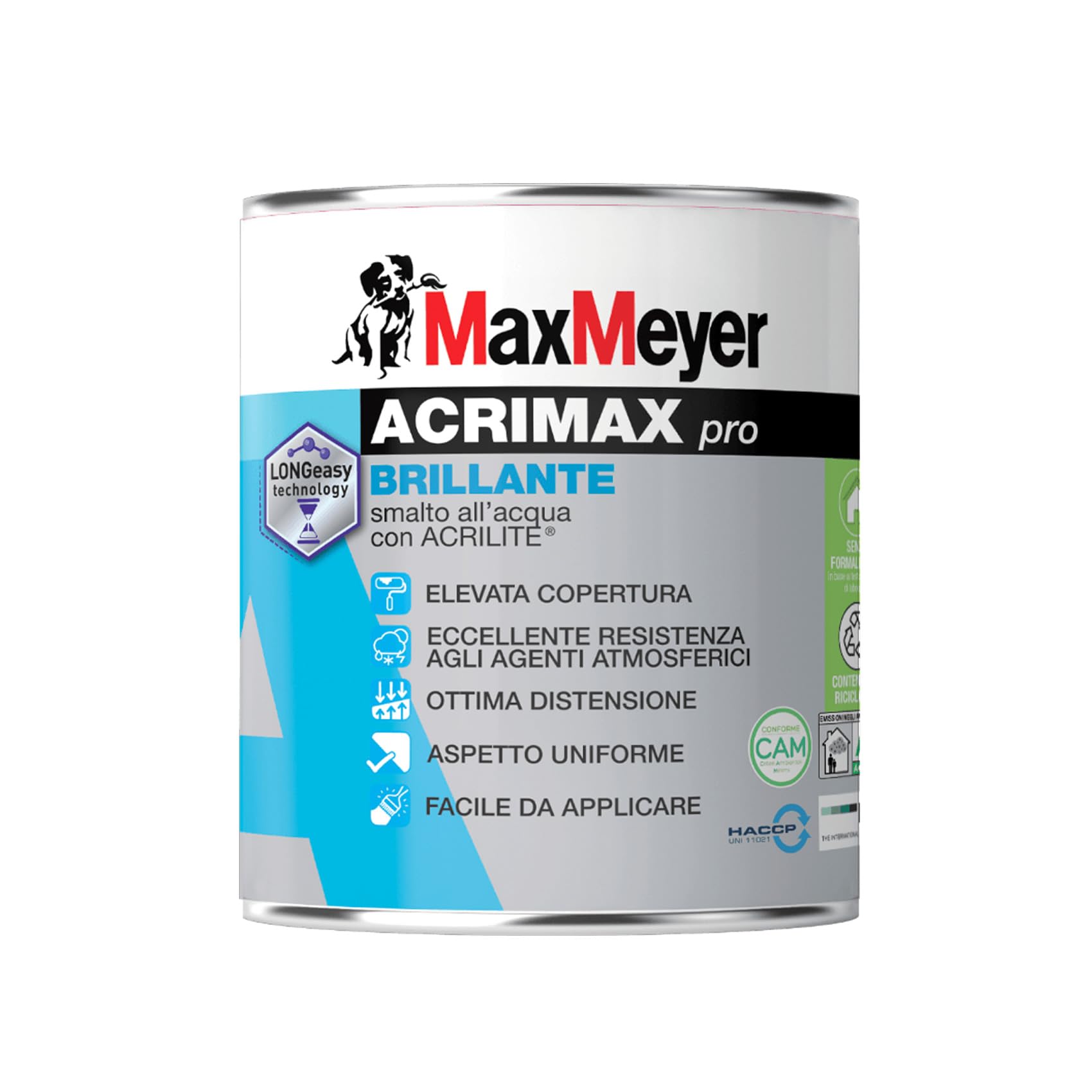 MAXMEYER Acrimax Pro, Smalto all'Acqua Brillante per Ferro e Legno, Interno ed Esterno, Bianco, 2,5 Litri