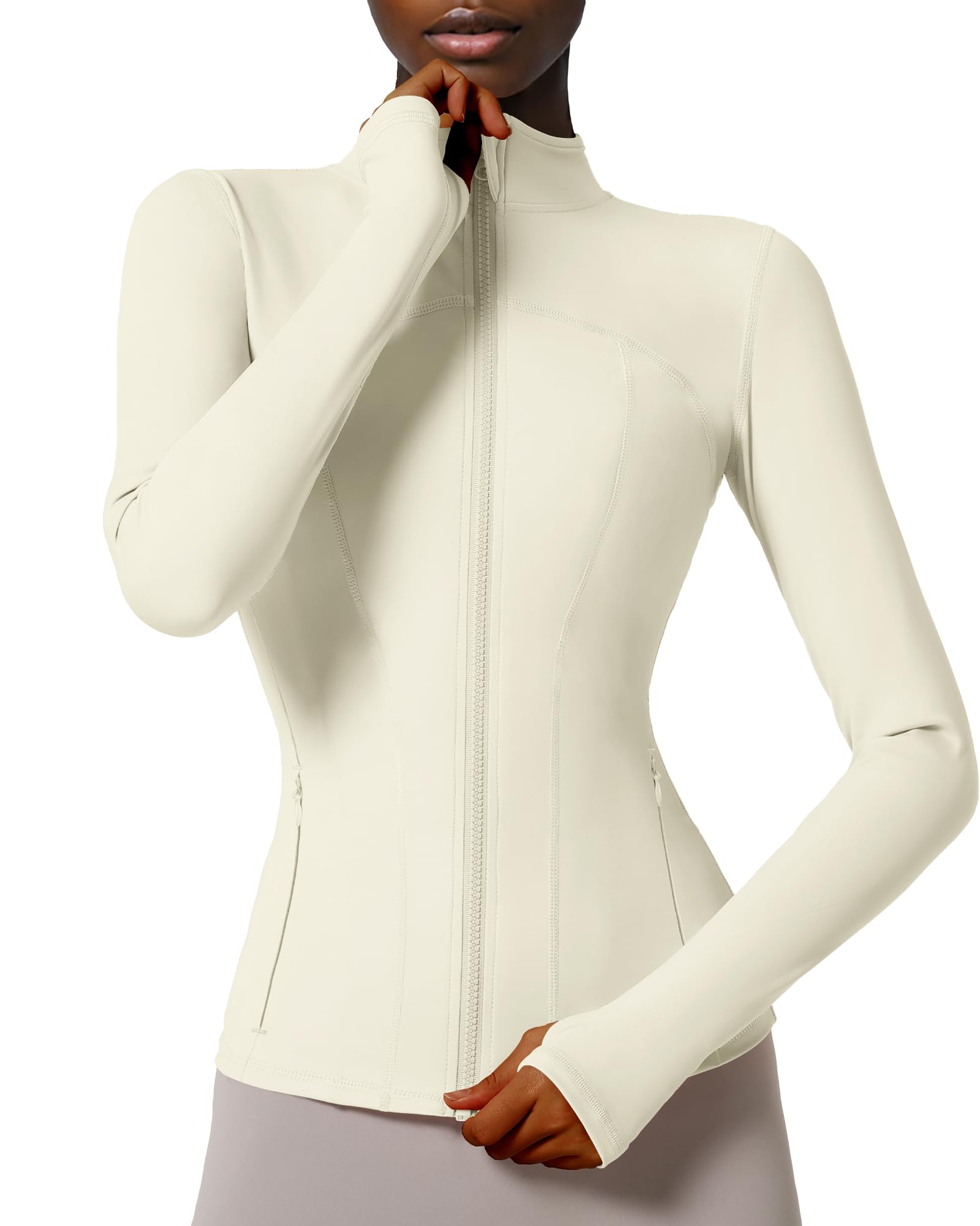 Locachy Women's Slim Fit Full Zip Athletic Running Sports Workout Jacket with Thumb Holes, Style 02 Beige, S