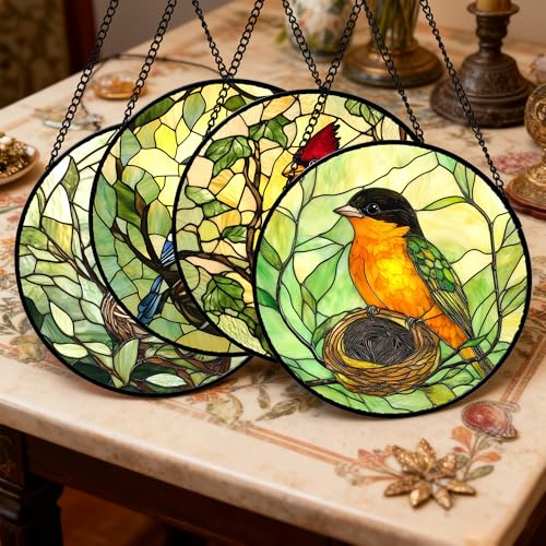 Image of DASTOLL Stained Glass Window Hanging 4 Pcs Set Bird Theme On Branch Large 11.8 inch - Cardinal Suncatcher Door Garden Sun Catcher Decor Birthday Christmas for Mom Woman Nana Men