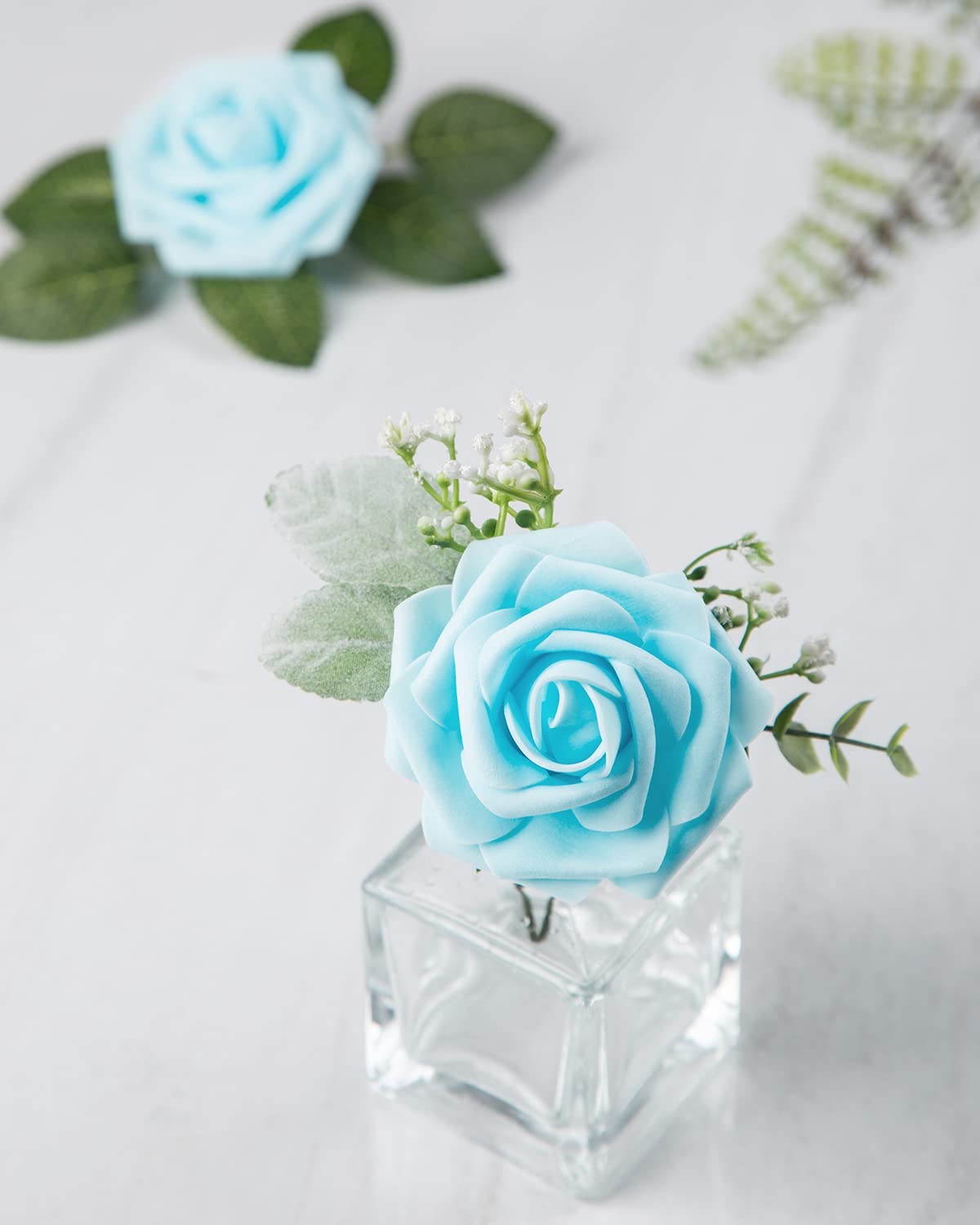 DuHouse 25Pcs Artificial Roses Flowers Fake Rose with Stems Real Touch Foam Flower Head for DIY Wedding Bridal Bouquet Baby Shower Centerpiece Floral Arrangement Party Home Decor(Sky Blue) - Image 3