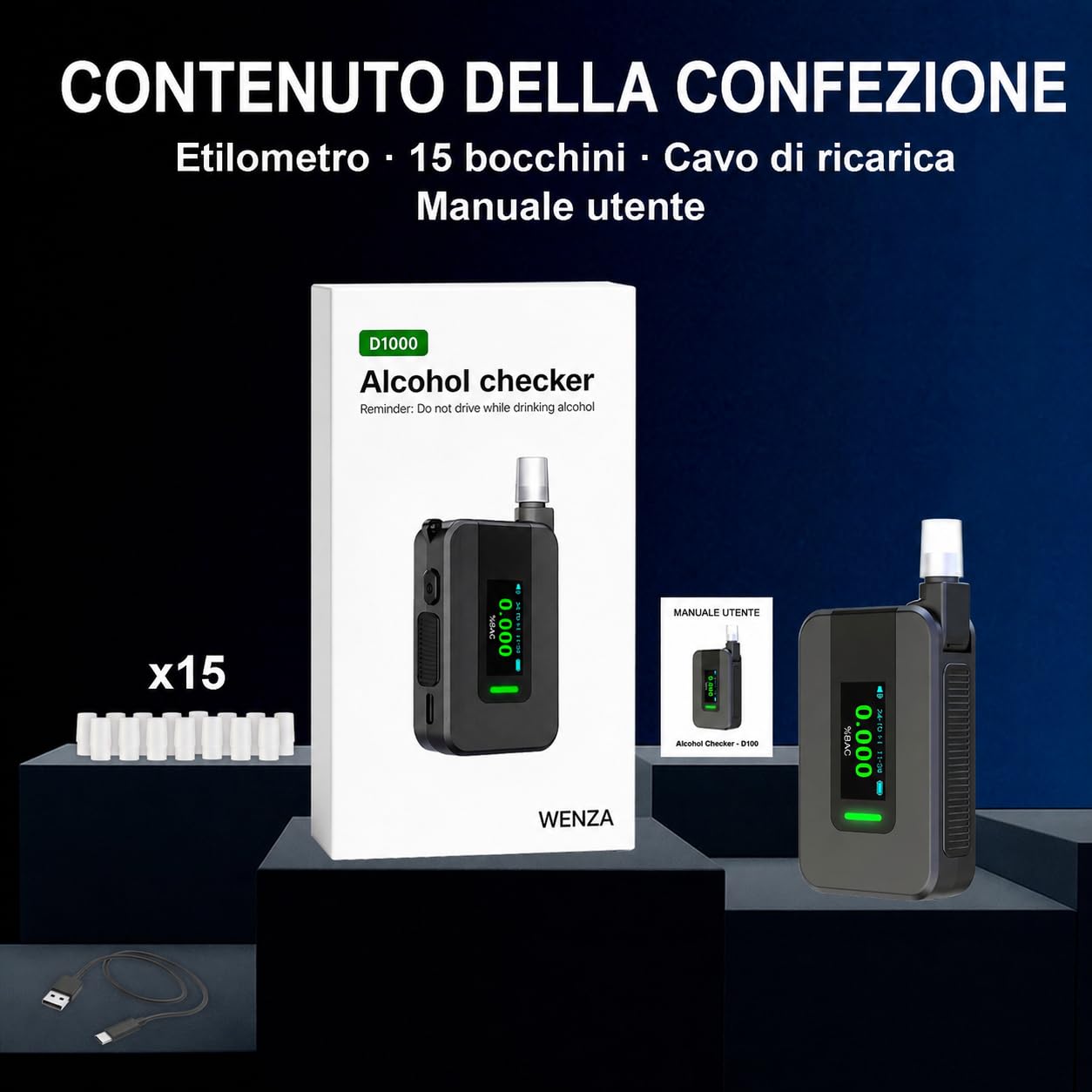 Etilometro Omologato Professionale con 16 Bocchini – Sensore Elettrochimico ad Alta Precisione con Schermo LCD – Etilometro Digitale Ricaricabile – Test Alcolemico Portatile