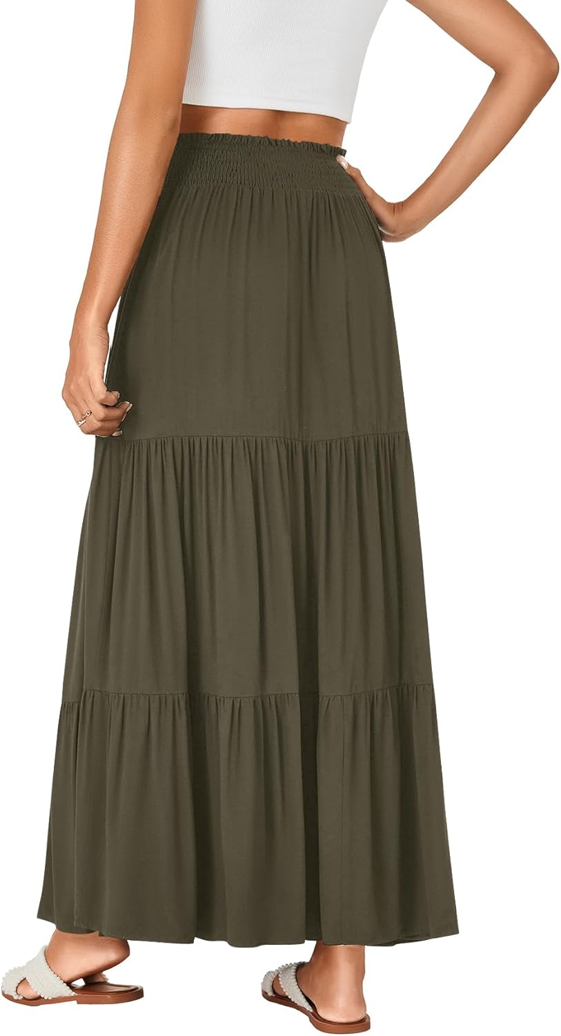 KIFOVEN Women's Maxi Skirt Summer Elastic High Waist A-Line Long Skirt Flowy Tiered Ruffle Casual Boho Skirt - Image 5