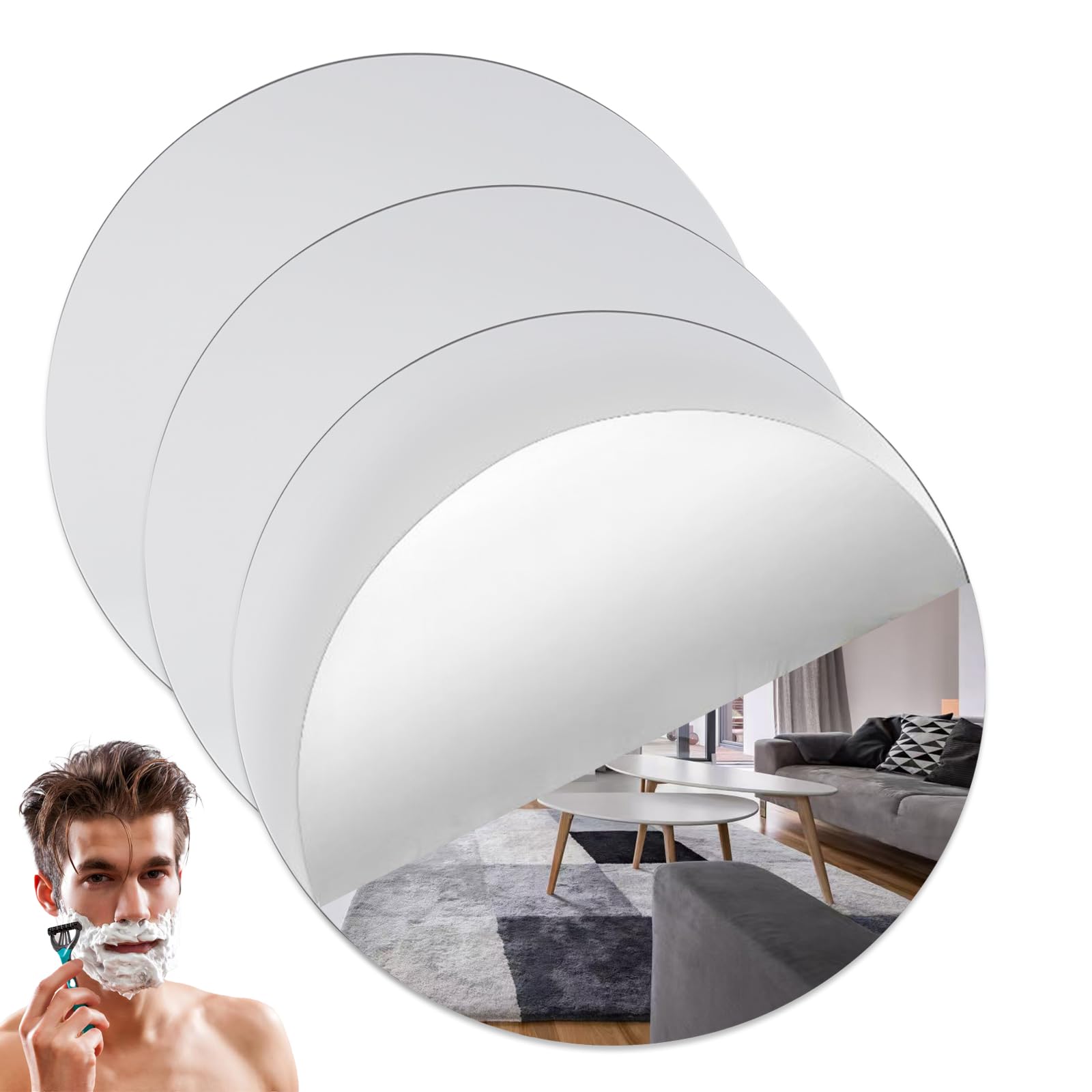 VOSSOT Lot de 3 miroirs ronds autocollants - 20 cm - En acrylique - Pour salle de bain, salon, chambre à coucher - Rond - Petit