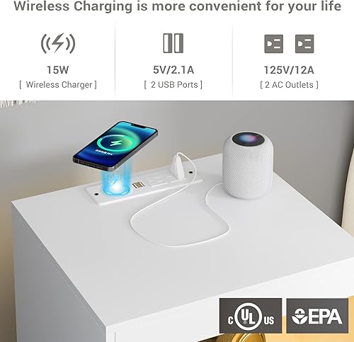 Miniatura 4 de Tiptiper Mesita de noche LED con estación de carga inalámbrica, mesita de noche con luces LED, mesa auxiliar con 2 cajones, 1 bandeja extraíble y