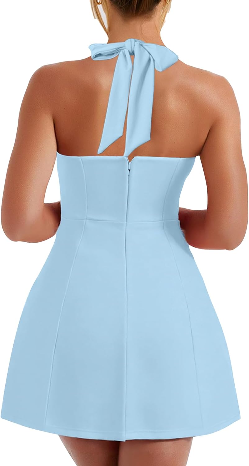 BORIFLORS Women's Sexy Square Neck Halter Mini Dress Backless Corset Party Short Dresses - Image 2