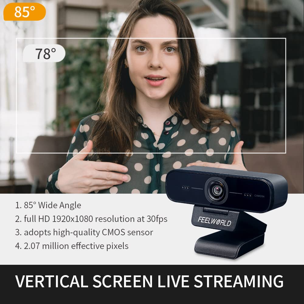 Feelworld WV207 Webcam con Micrófono 1080p/30fps Full HD USB 2.0 Computer Webcams para Transmisión en Vivo, Videollamadas, Cursos en Línea y Videoconferencias - Video Vertical