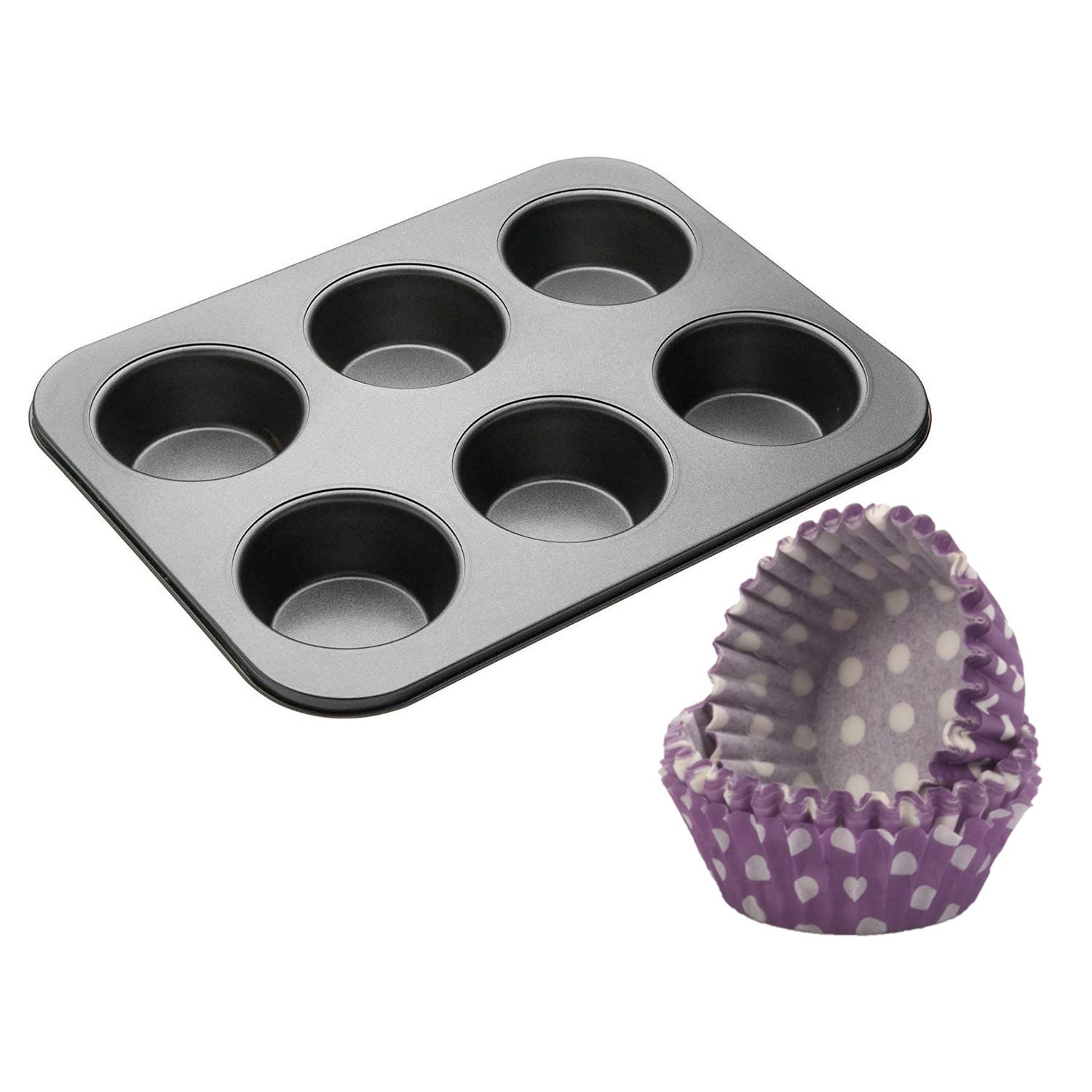 Klassic Combo of Muffin Tray and Paper Cups|Muffin Mould Tray|Nonstick 6 Slot Muffins Tray | Cupcakes Mould for Microwave Oven with Paper Cup Liner(Set of 2)