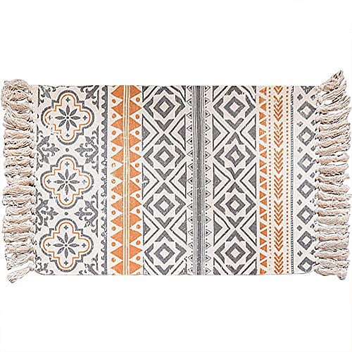 Darhoo Boho Area Rugs,Small Moroccan Cotton Woven Tassel Rugs 2'X3',Tribal Farmhouse Runner Rugs,Washable Throw Rug Runner For Kitchen,Bathroom,Bedroom,Laundry(Yellow & Grey) #TOP6