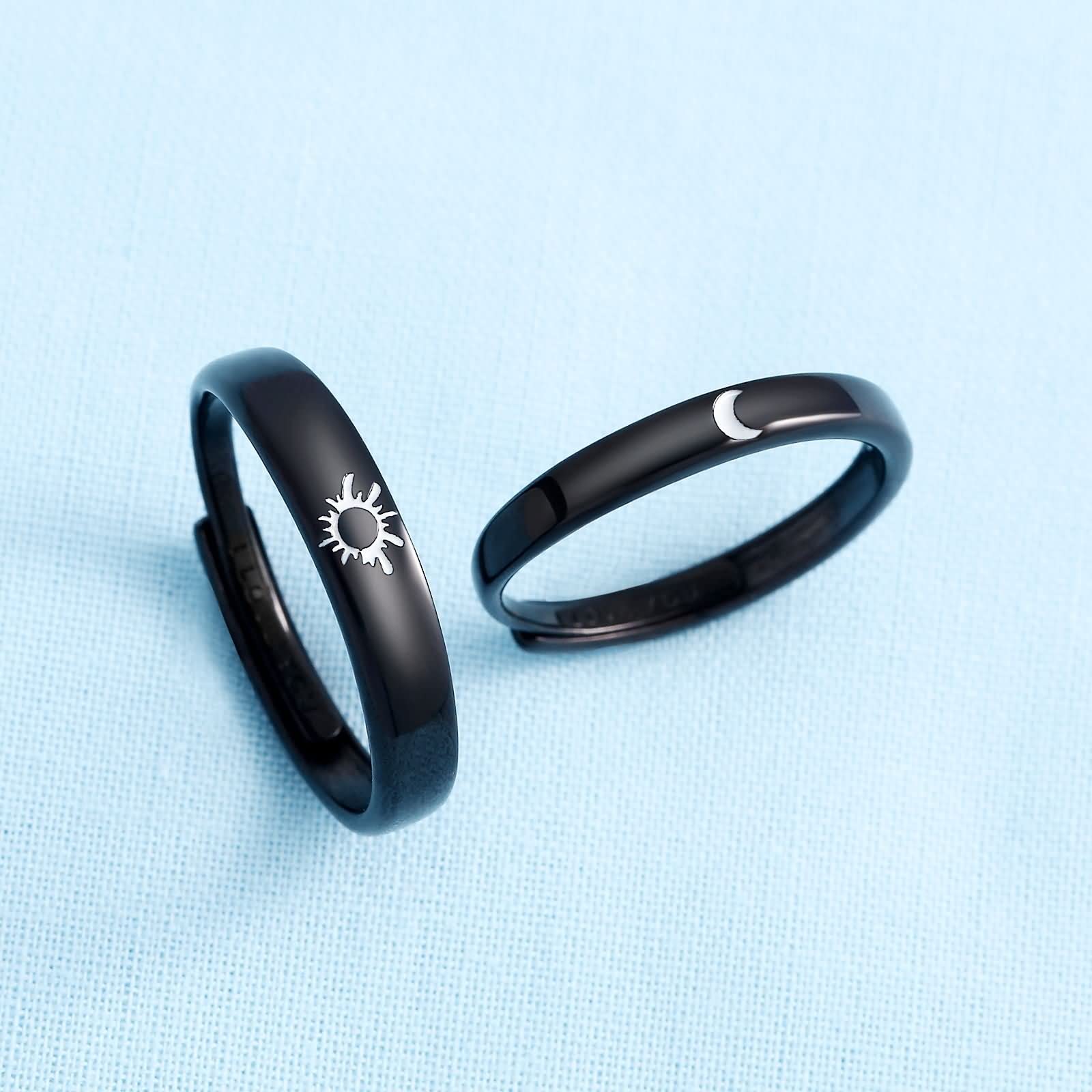 Beydodo 1Par Anillo Pareja Ajustable Plata de Ley Redondo Grabado Luna Sol Anillos de Compromiso de Plata
