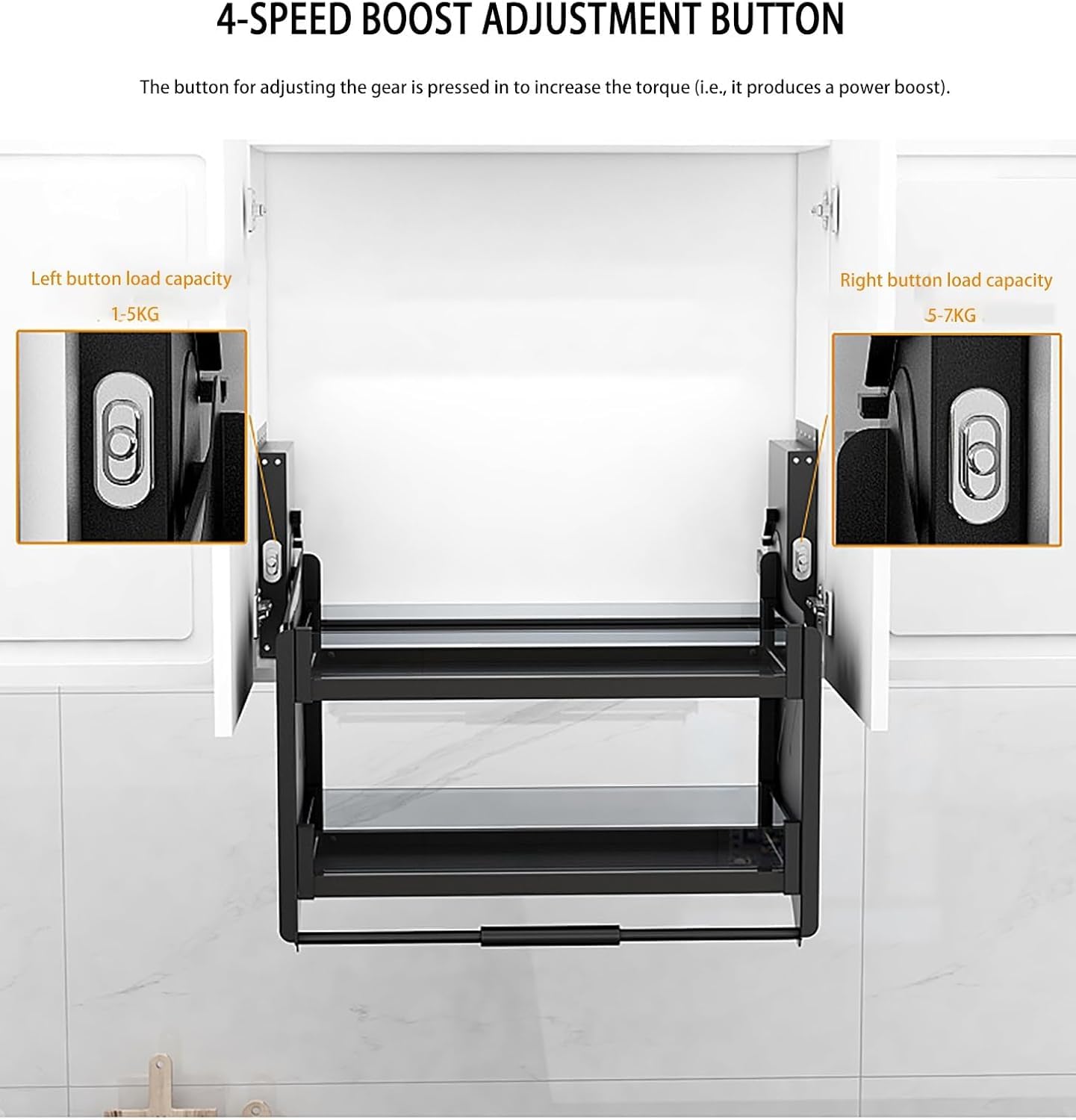 Organizer da cucina a 2 ripiani estraibile per armadio da cucina con ripiano integrato salvaspazio per utensili sollevabili, nero, monocolore, armadio da 90 cm