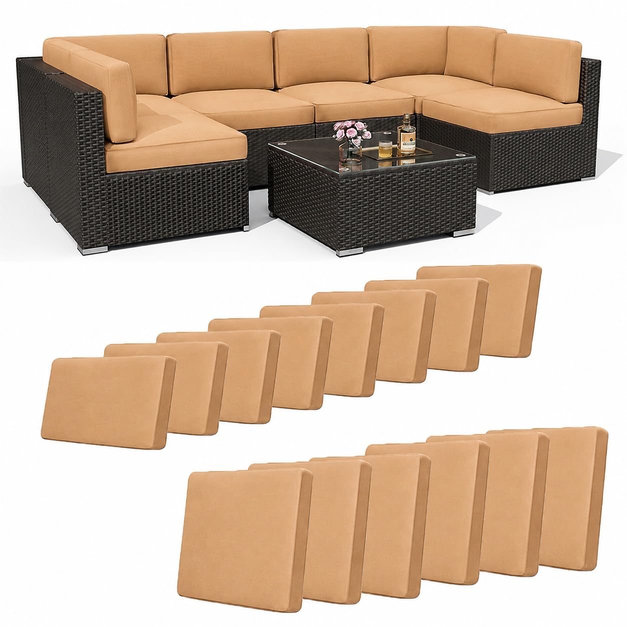 Hiseng Outdoor Patio Cushion Covers 14 PCS Solid Color Stretch Replacement Slipcovers for 8 Backrests and 6 Seat Cushions, Patio Furniture Rattan Corner Sofa Seat Protectors (Khaki)