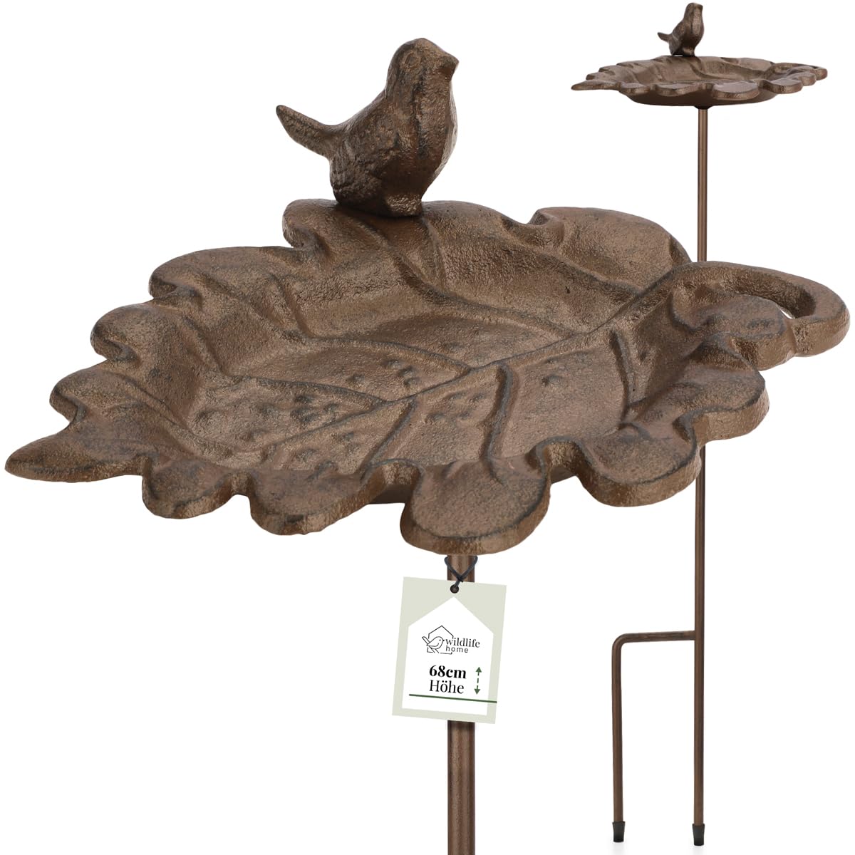 wildlife home Bain d'oiseaux debout sur piquet en fonte en forme de feuille - Bain d'oiseaux pour jardin, balcon - Résistant au gel - En fonte - Pour oiseaux sauvages