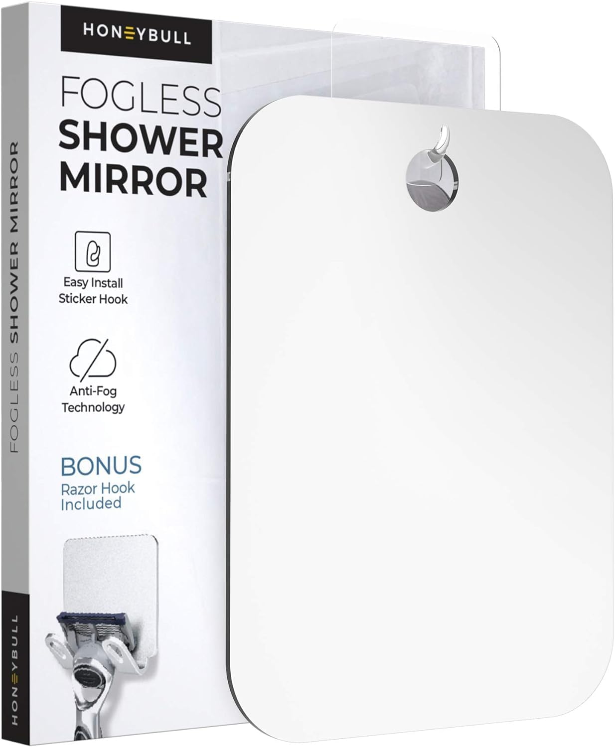 HONEYBULL Shower Mirror Fogless for Shaving – Flat Anti Fog Mirror with Razor Holder for Shower, Mirrors, Shower Accessories, Bathroom Mirror & Accessories, Holds Razors for Men (Large 8x10in)