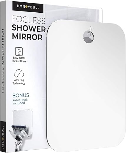 HONEYBULL Fogless Shower Mirror for Shaving – Anti-Fog Acrylic Mirror with Razor Holder, No-Drill Wall Mount, Flat Design for Steam Showers, Large 8x10in
