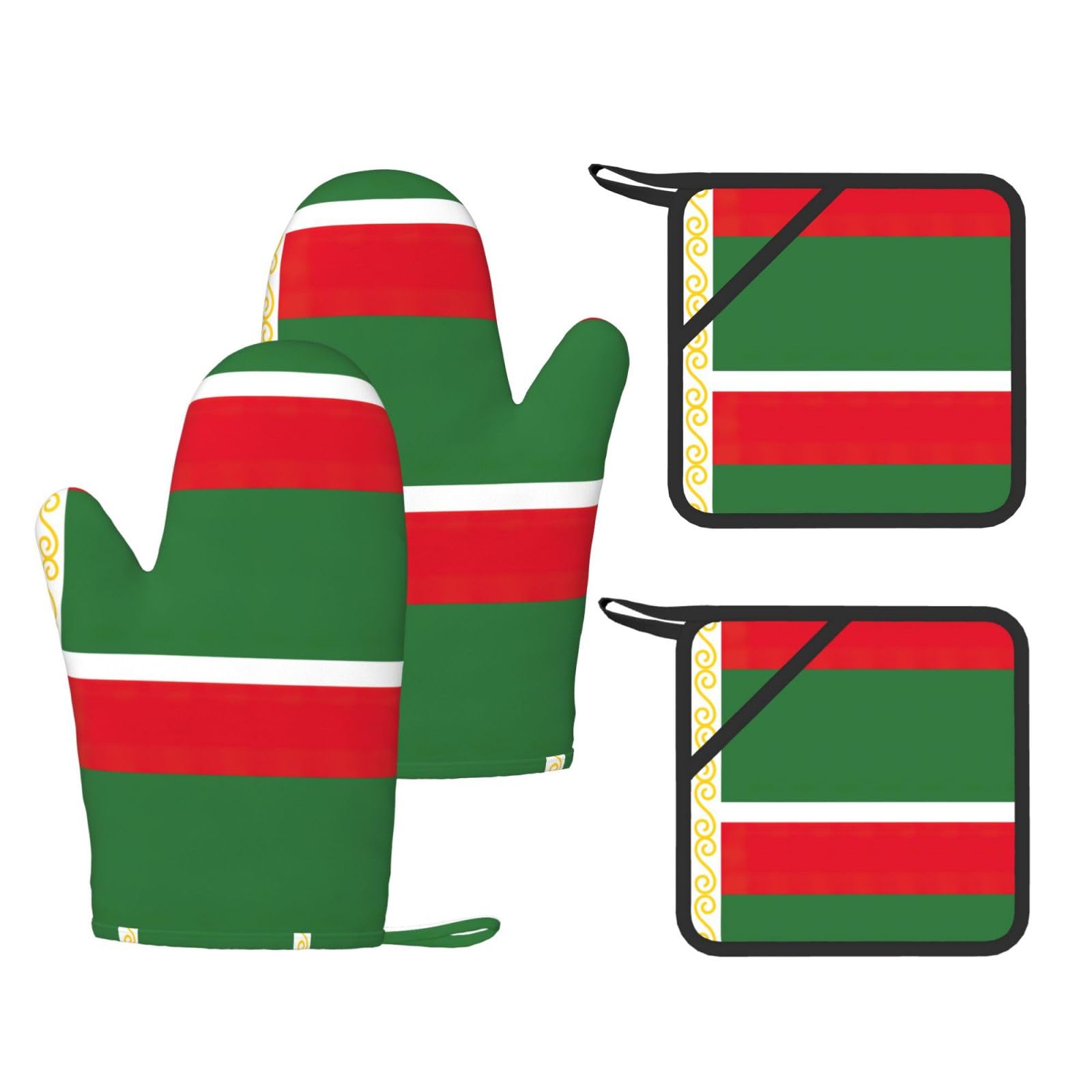 Flag of the Chechen Republic Printed Kitchen Oven Gloves and Potholder 4 Pcs, Non-Slip Heat Resistant Mitts for Baking Chef