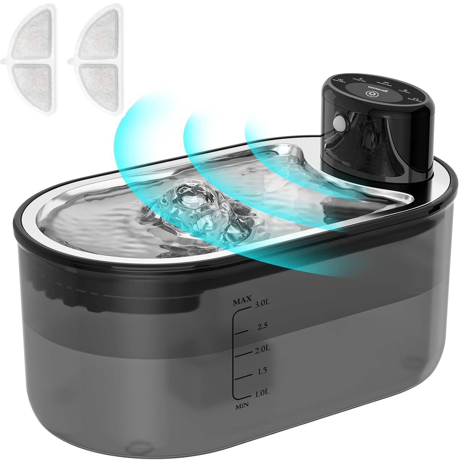 TOMXCUTE 3L Cat Water Fountain for Drinking with Sensor, 5000mAh Battery Operated Cat Fountain Cordless Dog Fountain Multi-Filtration, Dishwasher Safe Suitable for Cats& Dogs, Black