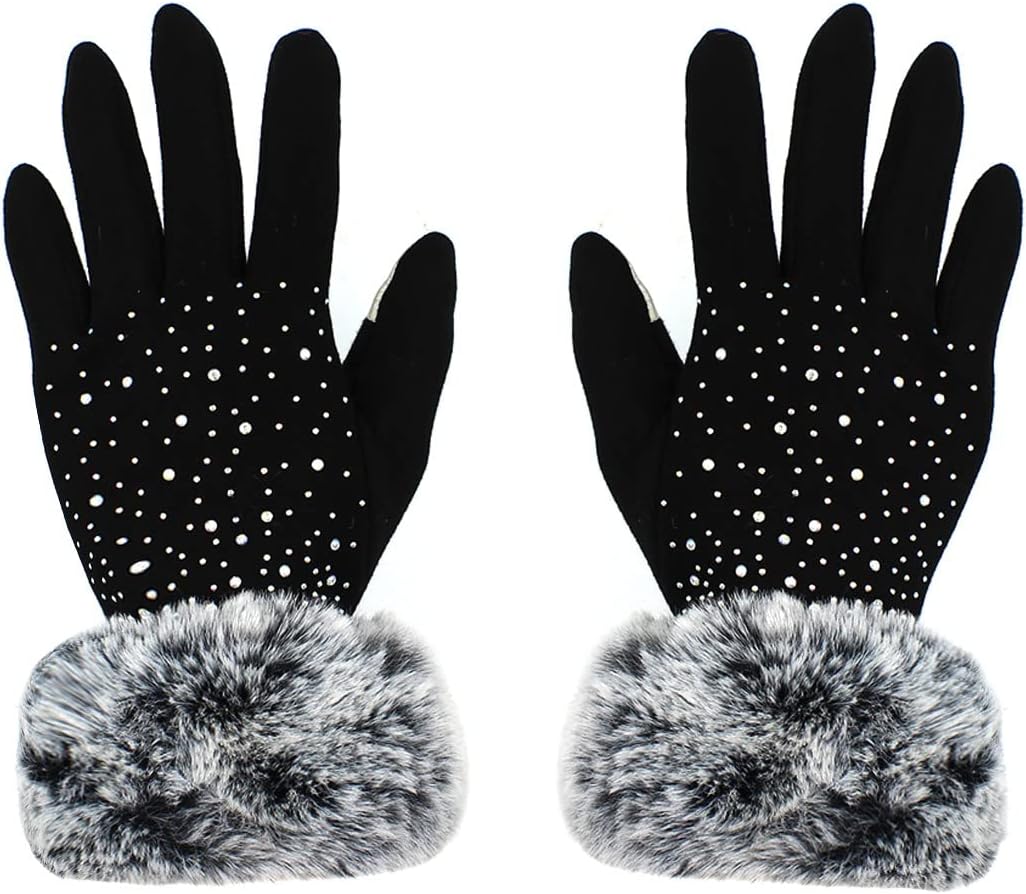 Women Touchscreen Fleece Lined Winter Gloves Luxurious Rhinestones Mittens with Rabbit Fur Cuffs