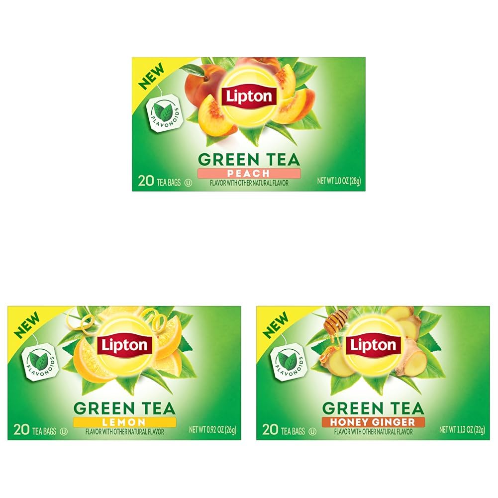 Lipton Variety Green Tea Bundle, Peach, Lemon, and Honey Ginger Flavored, Unsweetened Teabags for Hot Tea or Iced Tea with Caffeine and Flavonoids, 60 Total Tea Bags (20ct - Pack of 3) Multi-Flavor Green Tea Bundle