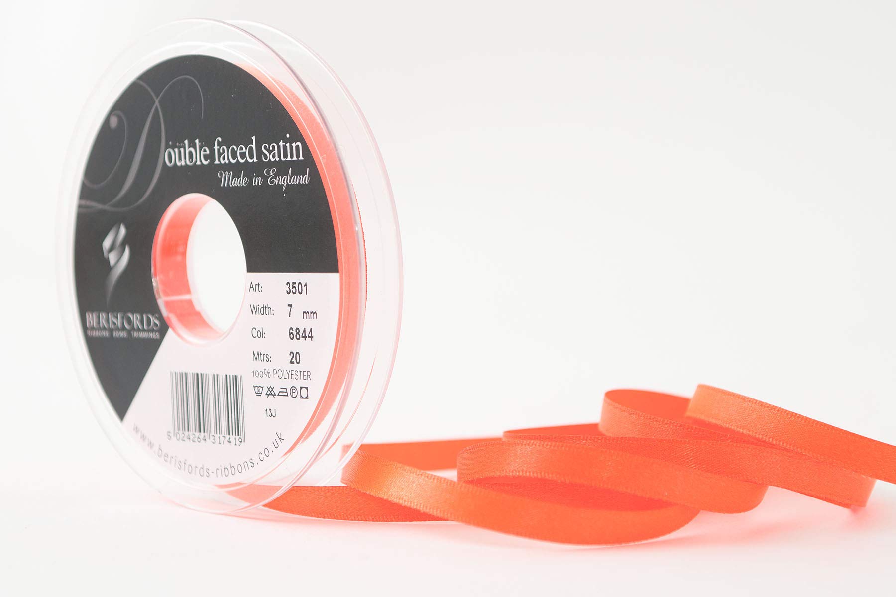 Berisfords 3501 7mm 6844 Fluorescent Orange Double Satin Ribbon x 20mtr, Flo, 7 mm โ image 1