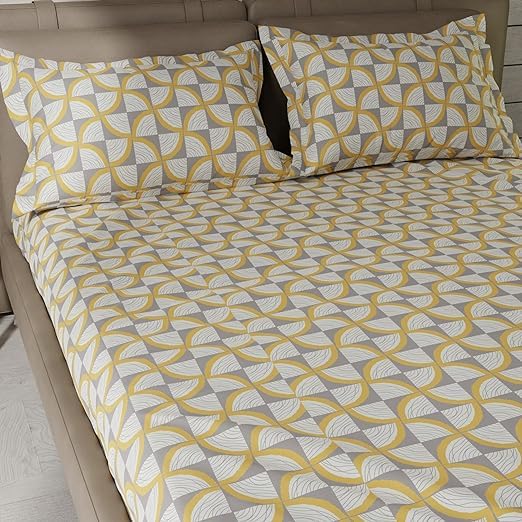 Image of Cotton Feel Glace Cotton Elastic 300 TC Printed Fitted Bedsheet Queen Size Double Bed with 2 Pillow Covers (60 inch x 78 inch inches (Queen Size), Yellow Slice)