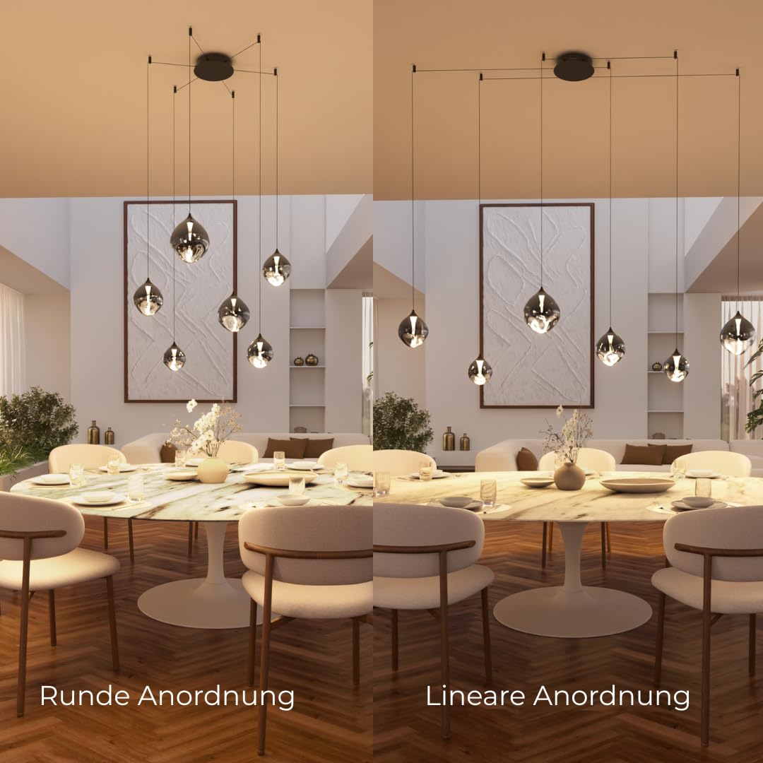 NEONA SOMOS LED Pendelleuchte 6-flammig mundgeblasenes Glas – Hängeleuchte Esstisch dimmbar, warmweiß 2700K, 23W, 2100lm, höhenverstellbar (Schwarz)