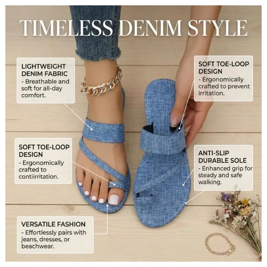Image of GORGLITTER Women's Denim Jean Sandals Cute Dressy Toe Ring Strappy Slip on Slide Flats Sandal