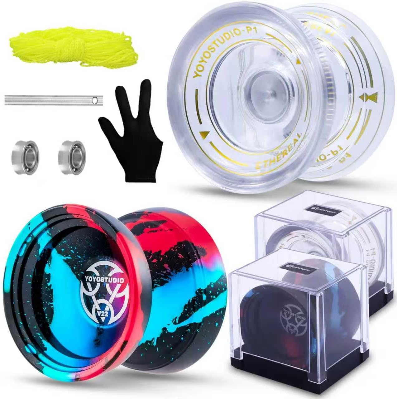 YOYOSTUDIO Professional Yoyo for Kids/Adults, Pack of 2 Yoyos, Responsive Yoyo V22 & P1, Dual Purpose Yo Yo for Beginner/Advanced, Extra 10 Yo-Yo Strings + 2 Case + Unresponsive Yoyos Bearing Kit