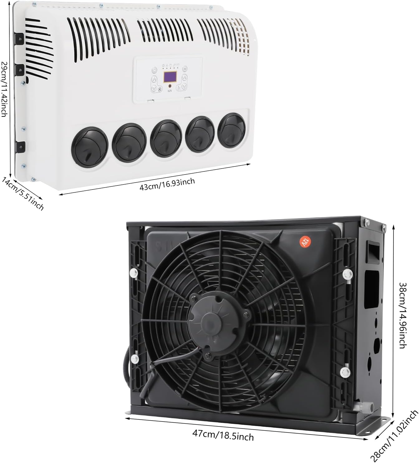 12V AC Unit RV Air Conditioner Mini Split 7500BTU Electric AC Unit 12V Truck Cab Air Conditioner Split for Semi Motorhome Trucks Bus Trailers Camper Van, Fast Cooling Low Noise