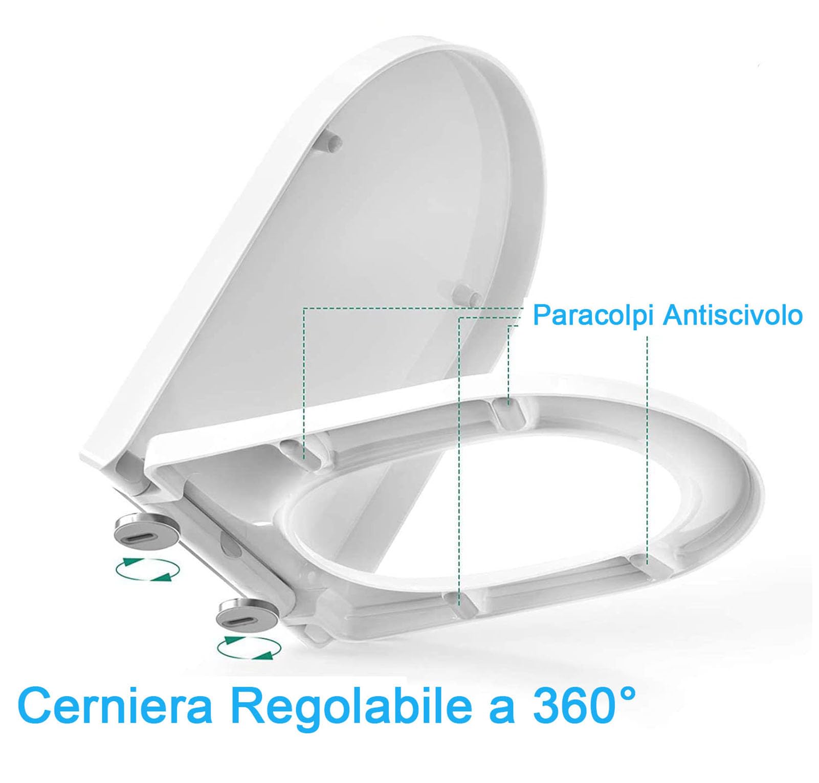 Sedile WC a Forma di D con Chiusura Ammortizzata, Copriwater Universali | Tavoletta WC in PP con Sgancio Rapido per Facile da Installare e Pulire, Portata Fino a 150Kg, Bianco, 44x35cm