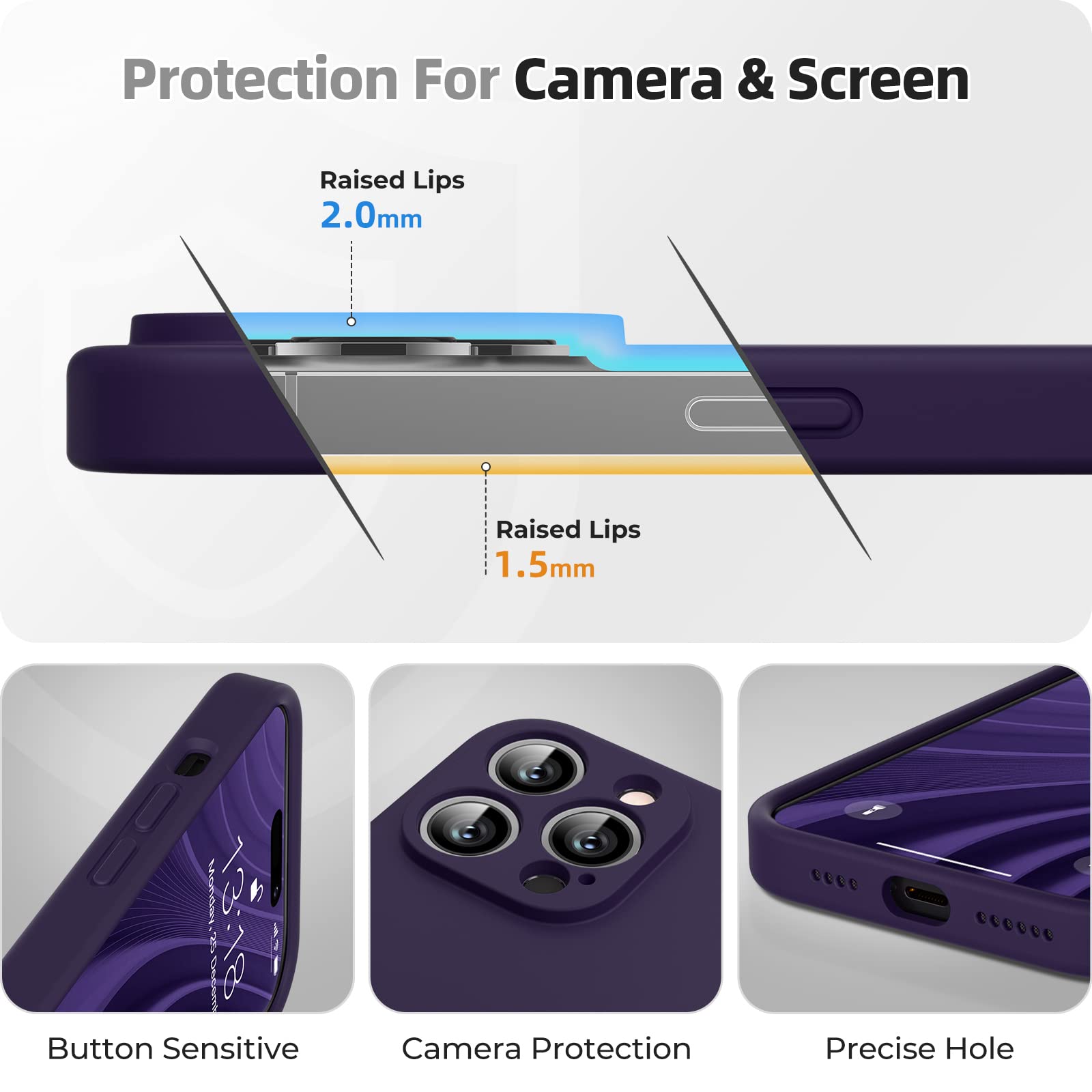 GOODVISH 3 in 1 Cover per iPhone 14 Pro Max Silicone per 6,7", con 2x Pellicola Protettiva, iPhone 14 Pro Max Custodia per Cellulare Antiurto Resistente 360° Protezione 2022, Viola Scuro