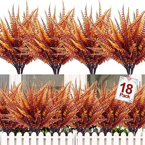 Turnmeon 18 Pcs Artificial Fall Flowers Plants Fall Thanksgiving Decoration, Fake Boston Fern Bush Outdoor Uv Resistant Greenery Shrubs Faux Plants Indoor Home Garden Fall Autumn Decor(Brown Orange) #TOP12