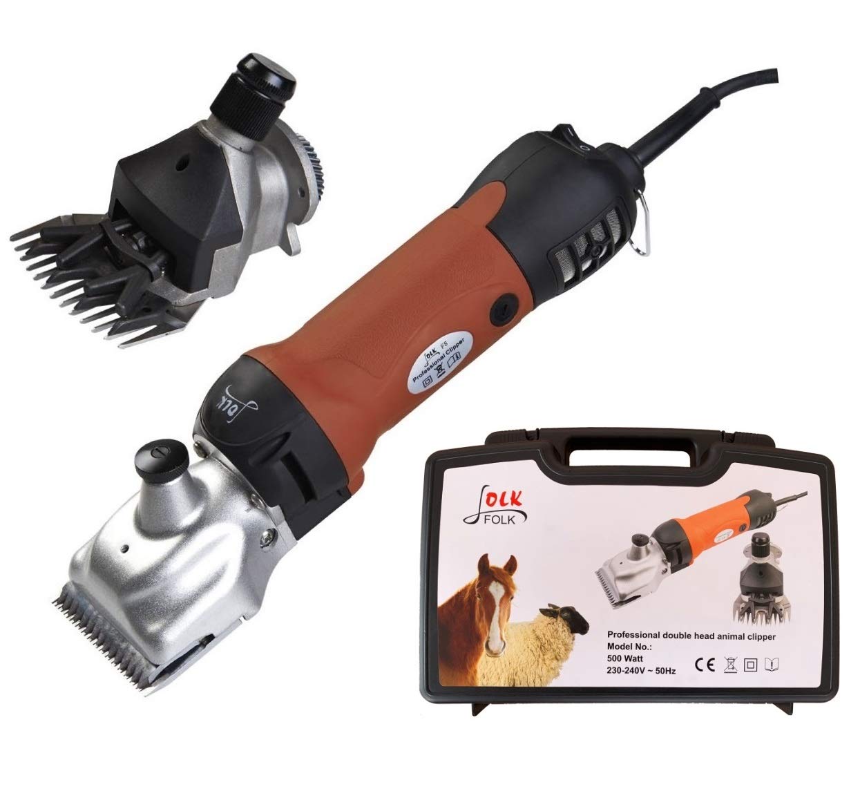 Folk Esquiladora Profesional 500W Modelo FL6, 2 en 1 Doble Cabezal Lana y Pelo, peladora Caballos, ovejas, Perros, mulos, Burro, Vaca, Universal (A - Sin Accesorios Extras)