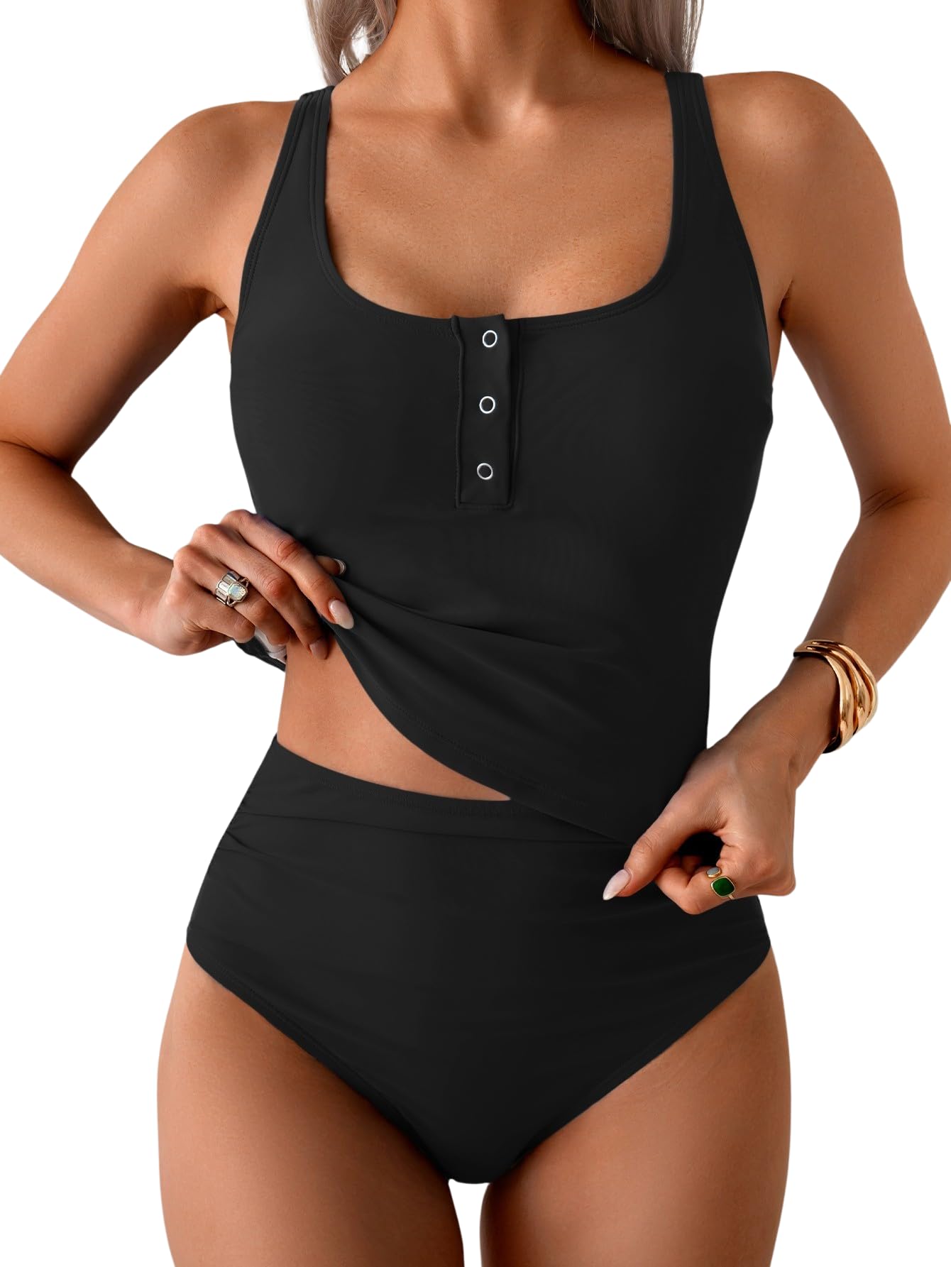 B2prity Women's Athletic Tankini Swimsuits Two Piece Adjustable Button-Up Bathing Suit Full Coverage High Waisted Swimwear