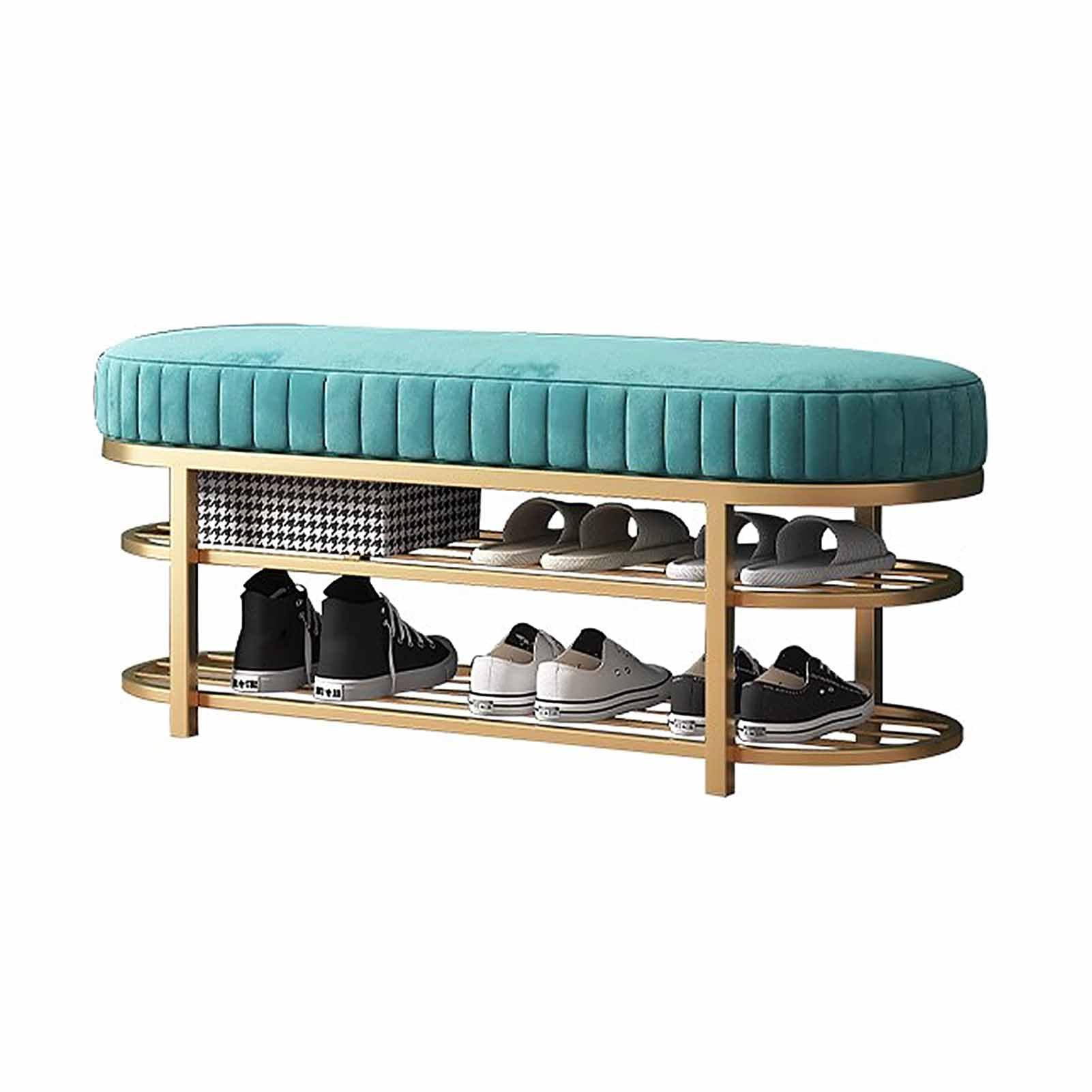 SXZenSpace Shoe Rack Bench with Velvet Cushion, 3 Tiers Metal Rack, Entryway for Hallway, Mudroom