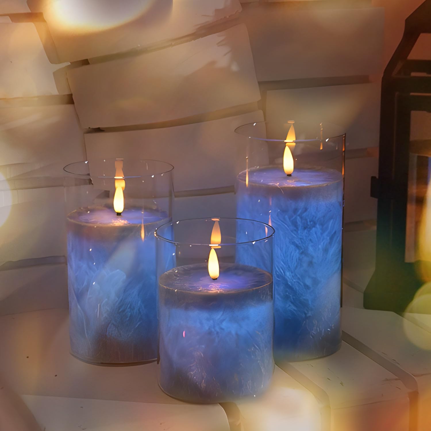 Candela a LED Vera Cera, 3PC Candele Decorative di Vetro, Candela Senza Fiamma Con Telecomando e Timer, Candele Paraffina per Decorazione, Nozze, Partito (Blu)