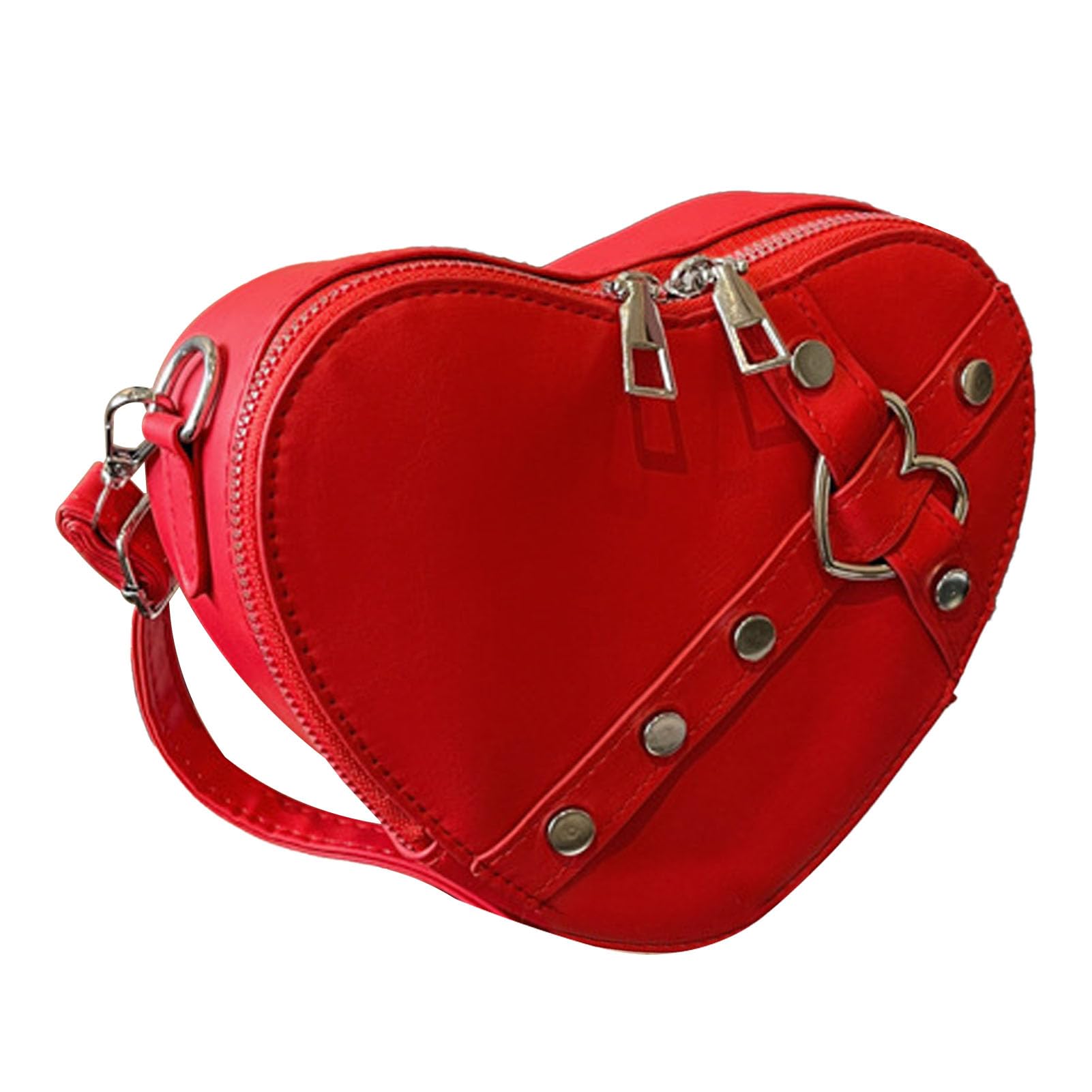 Heart Shape Crossbody Bags for Women,Rivet Heart Shape Handbag Plain Color Portable PU Rivet Studded Heart Shoulder Bag for Women Burgundy Free Size