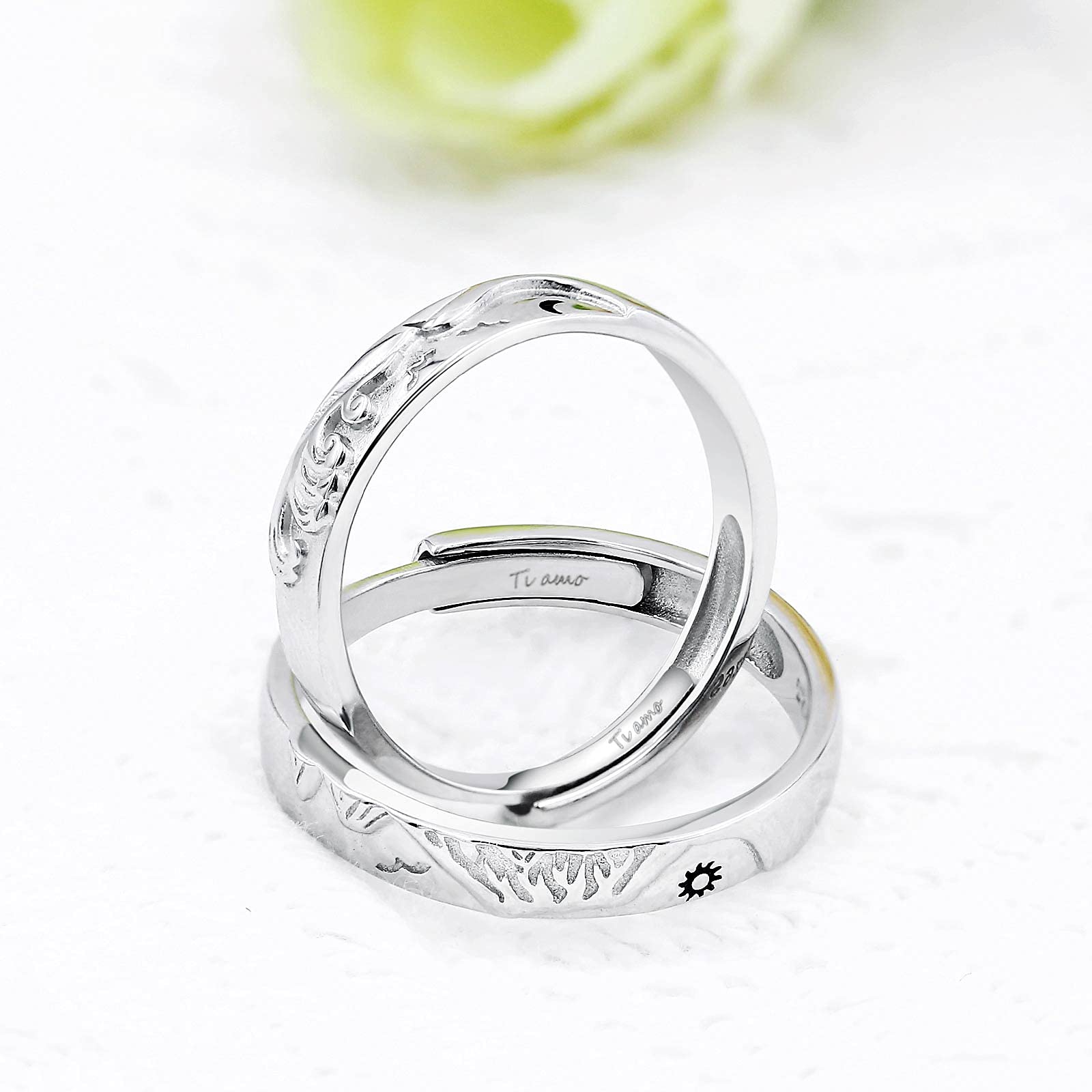 Anillos Compromiso Pareja, Joya Plata 925, Anillo Ajustable Simple Anillo Pareja Sol y Luna de Montaña y Mar, Alianzas Boda Regalo Aniversario Pareja