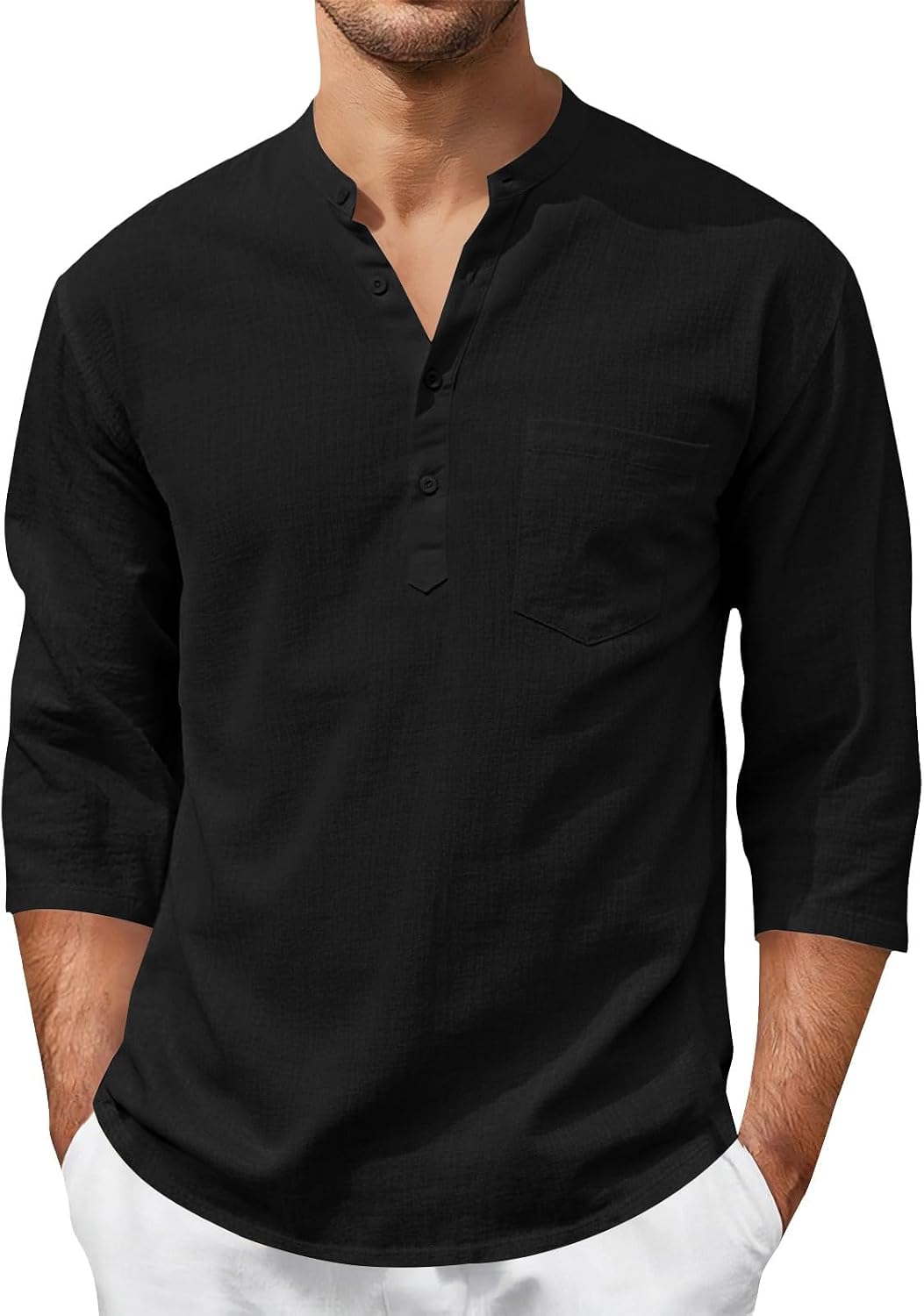 Mens Casual Henley Shirts 3/4 Sleeve Band Collar Cotton Linen Shirt Summer Beach Hippie T-Shirts with Pocket