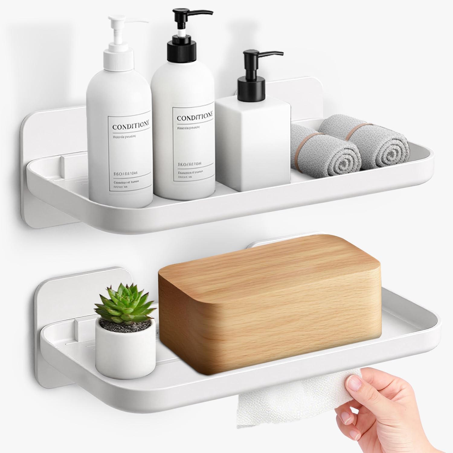 2pc Wall Mounted Shower Caddy, Small Storage Rack with Edge Design, Easy to Install, Wall Mounted Organizer for Living Room Kitchen Bathroom Toilet Room (White)