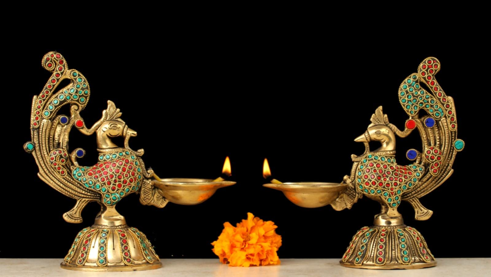 Brass Bird Deepak, 20 cm Brass with Stone Work Oil Lamp for Temple Decor, Indian Traditional Brass Decorative Diyas for Home Decor Gold Finish (Set of 2)