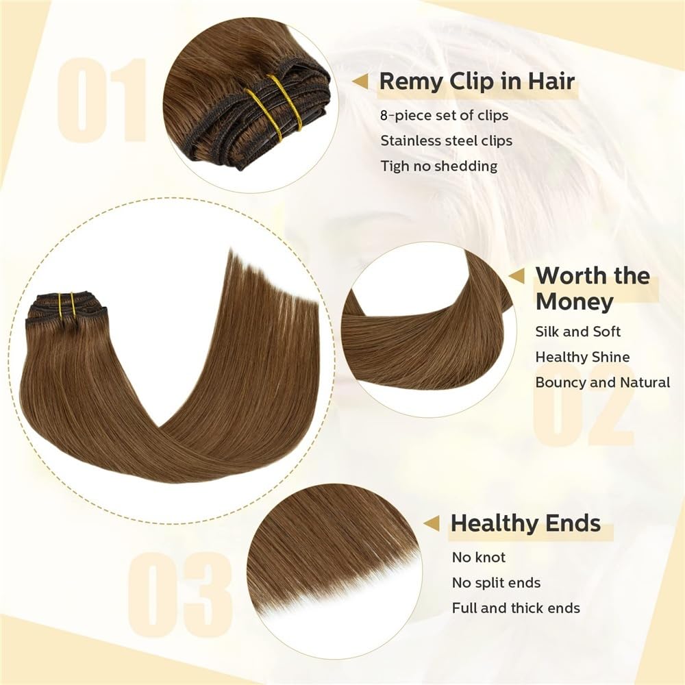Extensiones de cabello 8 extensiones de cabello humano con clip #6 marrón castaño doble trama gruesa brasileño Remy liso for mujeres Invisibles(18inches 120g)