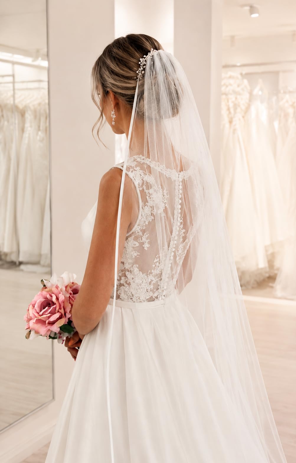 Pet-Jos Satinband Brautschleier Hochzeitsschleier Lange Kathedrale Kapelle Weiß Elfenbein Tüllschleier Eleganter Klassischer Schleier mit Kamm