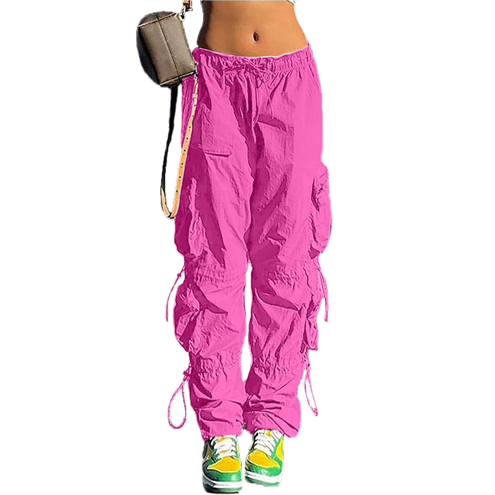 QYANGG Baggy Parachute Pants for Women& Girls Drawstring Elastic Low Waist Ruched Cargo Pants Multiple Pockets Jogger Y2K