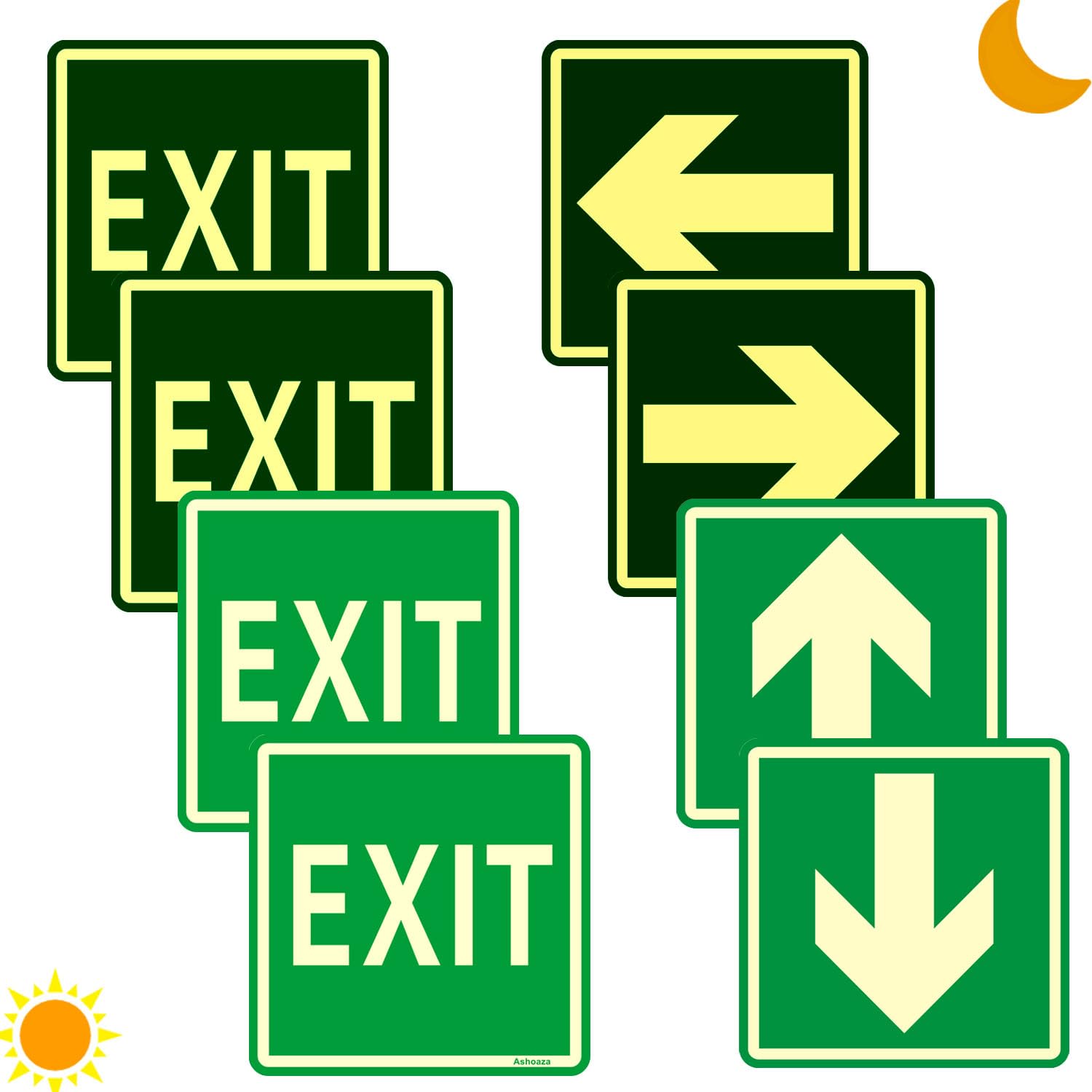 Exit Signs Glow in the Dark Exit Decals, 8 Pcs, (Cm 15x15), Emergency Exit Sign Sticker with Directional Arrow of Exit Light