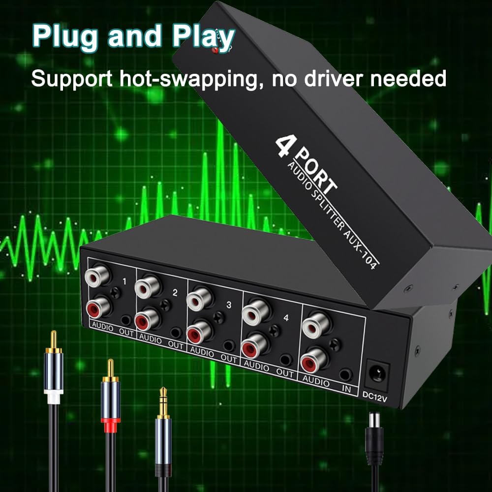 3.5mm Aux + RCA L/R Audio Splitter 1 in 4 Out Stereo Analog Audio Distributor Box